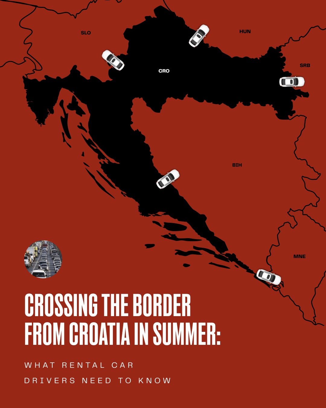 Illustrated map of Croatia showing rental cars crossing borders to neighbouring countries