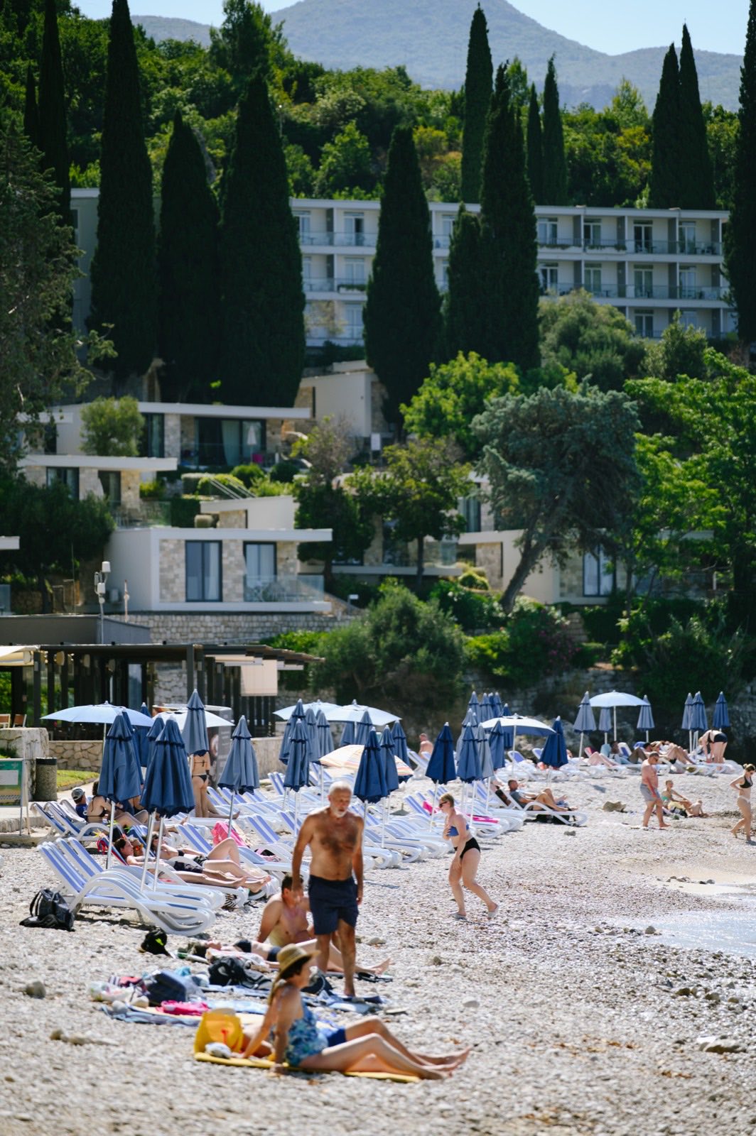 Sunbeds and blue parasols on the beach at Srebreno with cypress trees and hotels behind